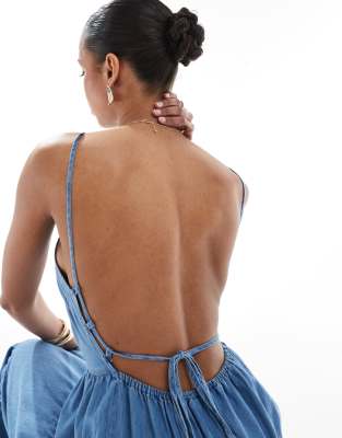 Only Tiered Midaxi Cami Dress With Open Back In Blue