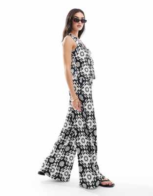 tile print wide leg pants in black and white - part of a set