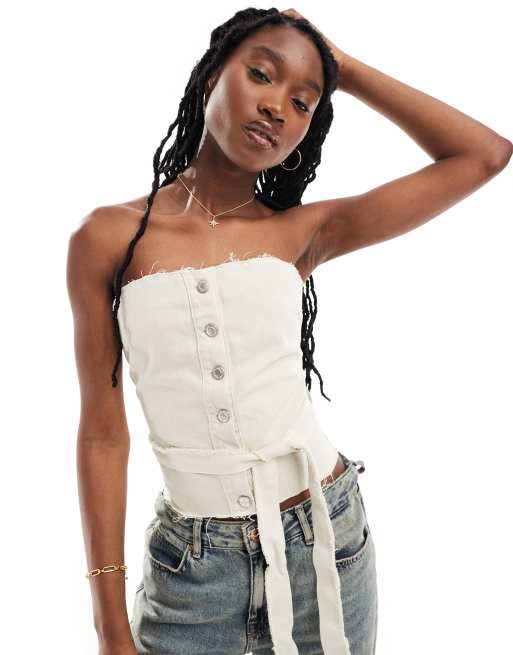 Only - Top a corsetto in denim écru allacciato in vita 