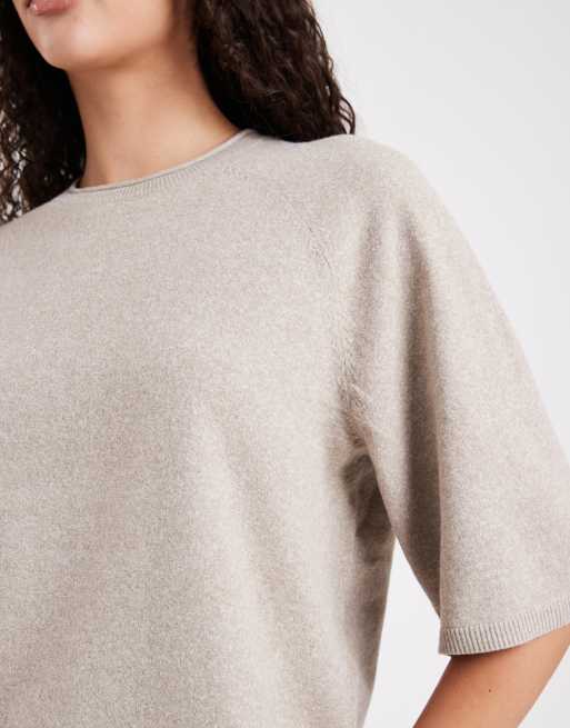 ONLY - Top a maniche corte squadrato beige in maglia, 3 di 4