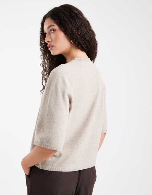 ONLY - Top a maniche corte squadrato beige in maglia, 4 di 4