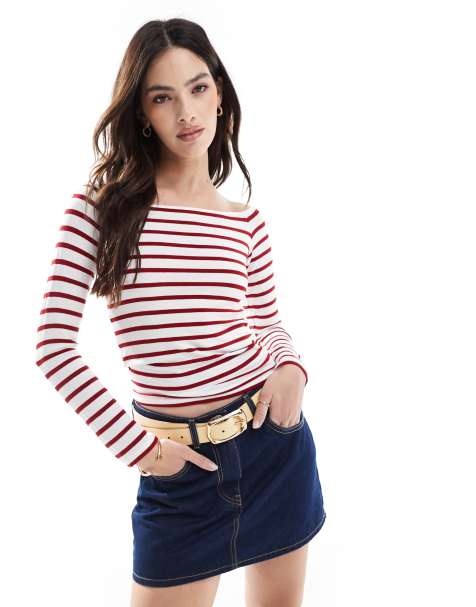ONLY - Top a maniche lunghe a righe rosse con scollo a barchetta - view 1