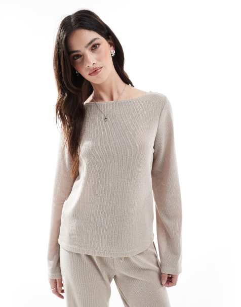 ONLY - Top a maniche lunghe beige con scollo a barchetta in coordinato - view 1