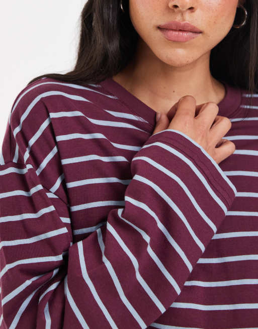 Only - Top a maniche lunghe bordeaux a righe con scollo a o, 3 di 4