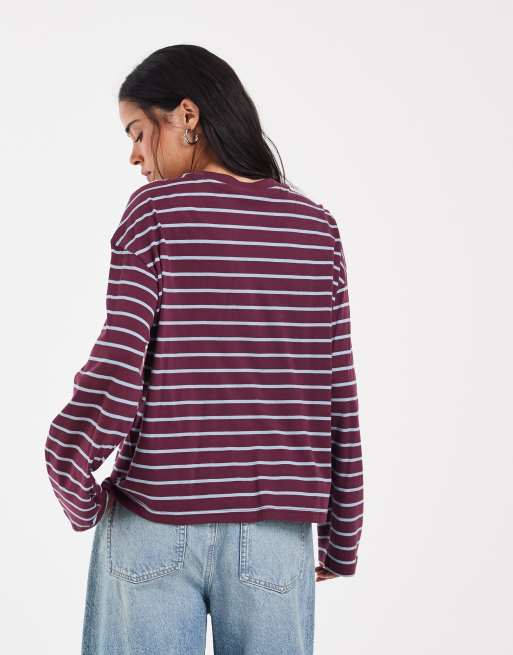 Only - Top a maniche lunghe bordeaux a righe con scollo a o, 4 di 4