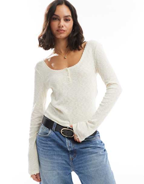 Only - Top a maniche lunghe color crema a coste con scollo rotondo - view 1