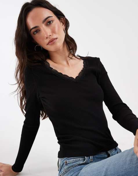 ONLY top a maniche lunghe con scollo a V e dettagli in pizzo nero - view 1