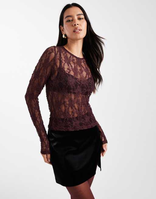 ONLY - Top a maniche lunghe in pizzo color bordeaux scuro