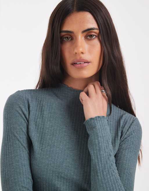 ONLY - Top accollato color verde-azzurro a coste con bordi smerlati, 3 di 4