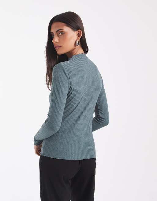 ONLY - Top accollato color verde-azzurro a coste con bordi smerlati, 4 di 4