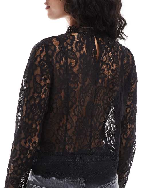 ONLY - Top accollato in pizzo nero, 4 di 4