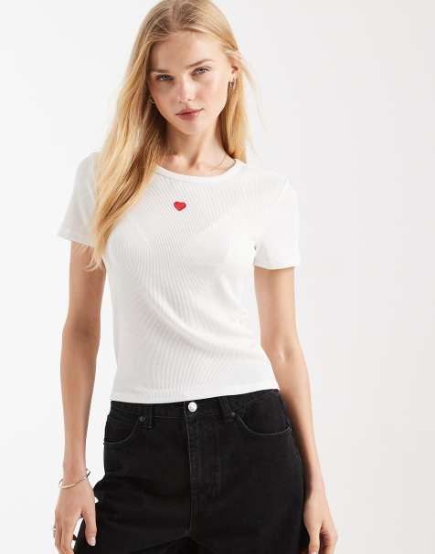 ONLY - Top aderente bianco a coste con cuore ricamato - view 1