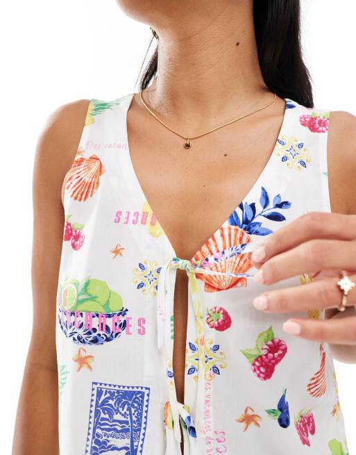 ONLY - Top allacciato sul davanti con stampa stile cartolina in coordinato, 2 di 4
