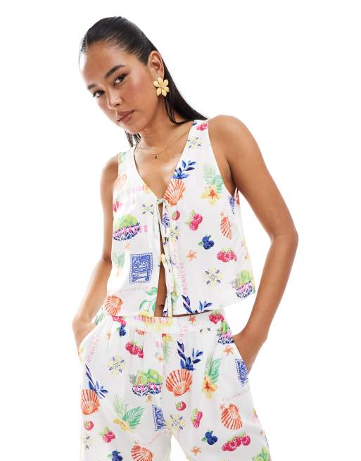 ONLY - Top allacciato sul davanti con stampa stile cartolina in coordinato, 3 di 4