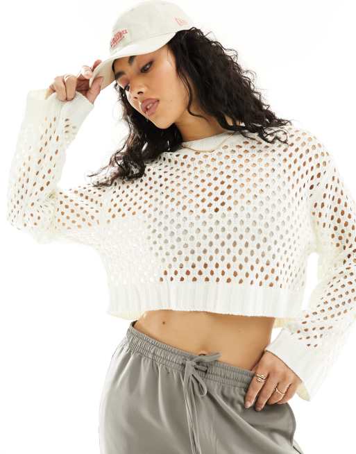 ONLY - Top all'uncinetto traforato color crema 