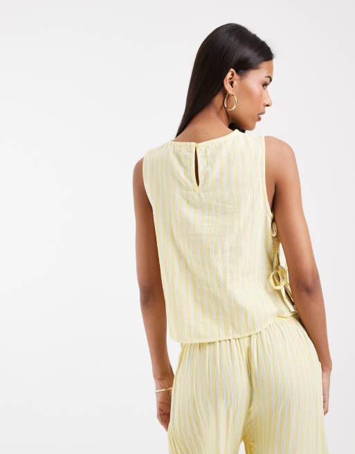 ONLY - Top amarillo limón a rayas sin mangas con lazadas laterales de bambula (parte de un conjunto), 4 de 4