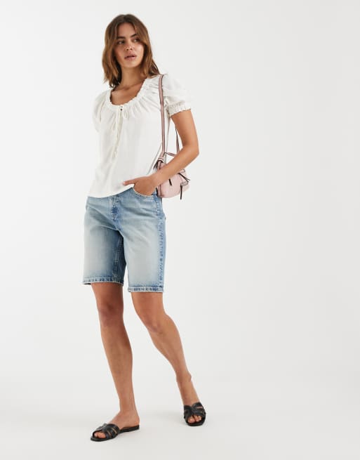 ONLY - Top blanco con lazada delantera de mezcla de lino, 2 de 4