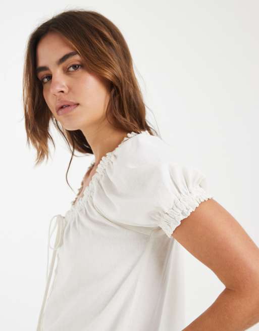 ONLY - Top blanco con lazada delantera de mezcla de lino, 3 de 4