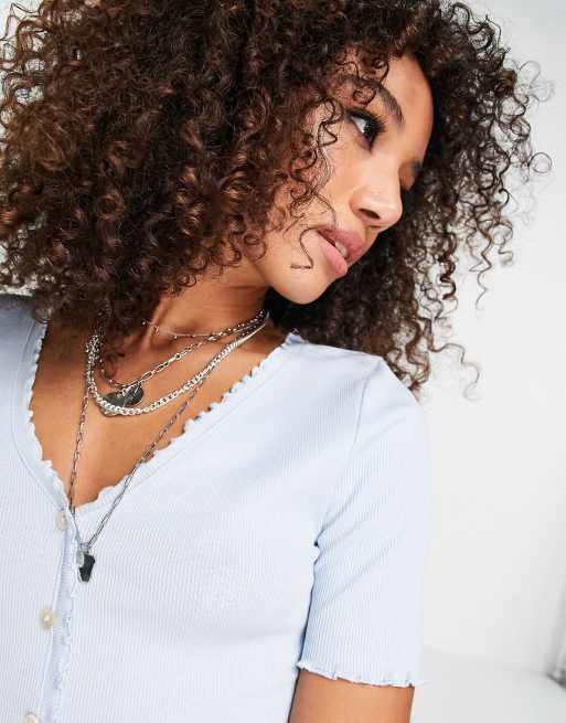 Only - Top blu con scollo a V e bordo ondulato con bottoni, 4 di 4