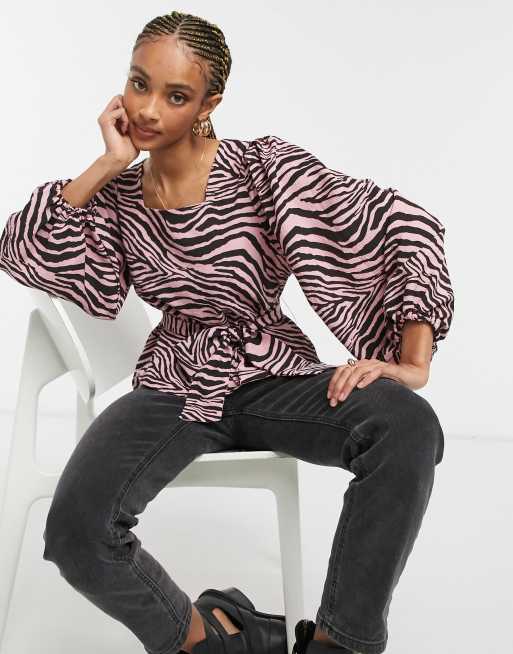 Only - Top con scollo squadrato rosa zebrato