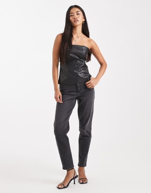 ONLY - Top corsetto a fascia in pelle sintetica nero, 2 di 4