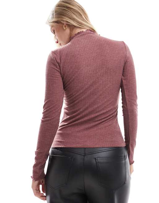 Only - Top côtelé à col montant avec bords ondulés - Rose foncé , 3 de 4