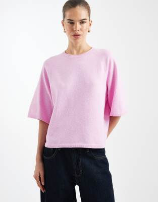 Top coupe carrée en maille à manches courtes - Rose 36