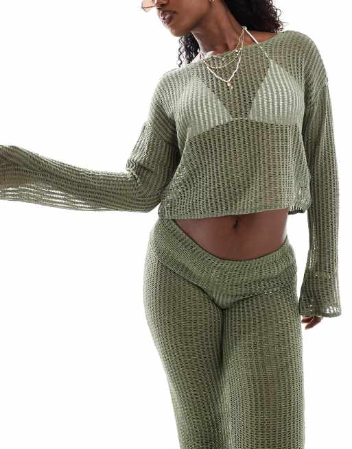 ONLY - Top da mare a maniche lunghe oversize verde salvia in coordinato 
