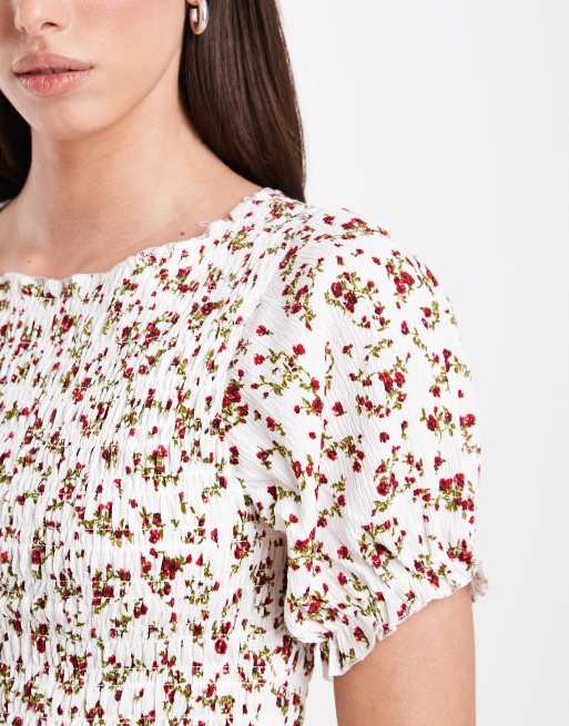Only - Top d'ensemble à smocks avec imprimé fleuri - Blanc, 2 de 4