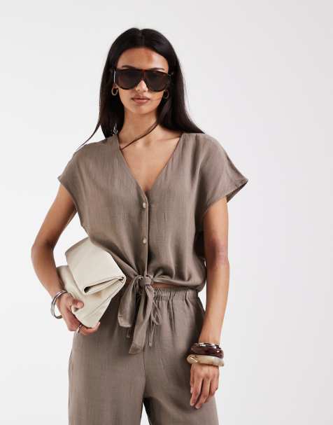 ONLY - Top d'ensemble sans manches en lin mélangé avec liens noués à l'avant - Marron - view 1