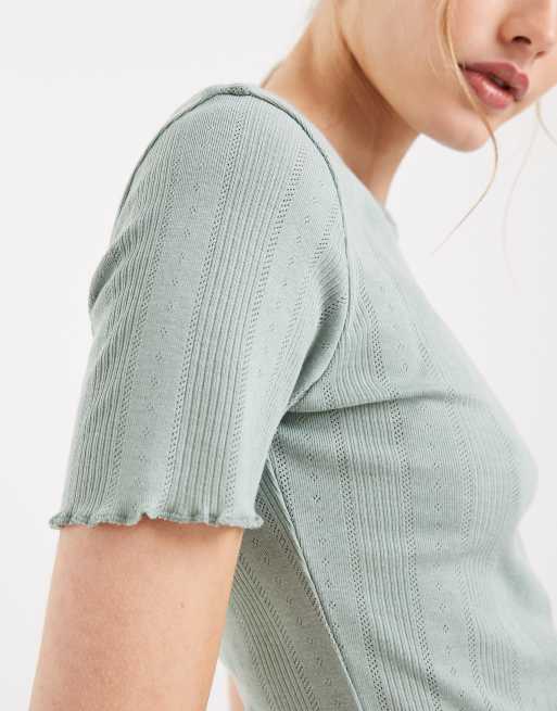 ONLY - Top en maille pointelle à bords ondulés - Sauge, 3 de 4