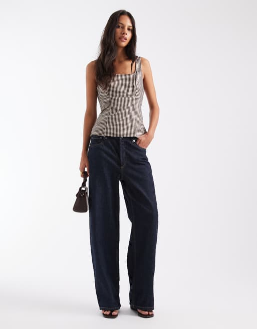 Only - Top estructurado de cuadros vichy marrón con detalle de lazo, 3 de 4