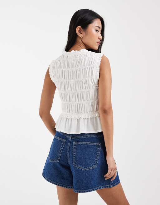 Only - Top froncé en lin mélangé avec liens devant - Blanc, 4 de 4