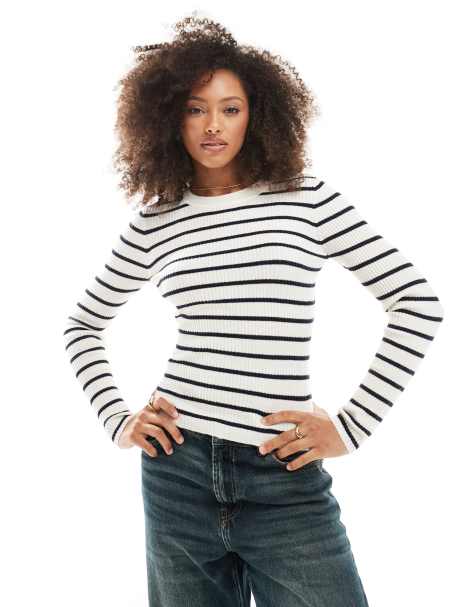 ONLY - Top girocollo a maniche lunghe in maglia beige a righe blu navy - view 1