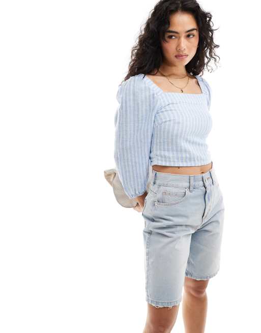 Only - Top grembiule in misto lino blu a righe con maniche a 3/4 