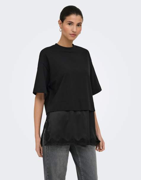 ONLY Mexa lace crew neck short sleeve top in black