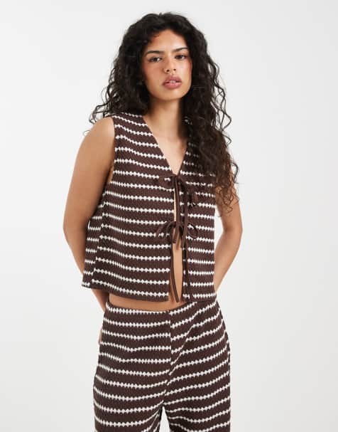 ONLY - Top in maglia a righe marrone allacciato davanti in coordinato - view 1