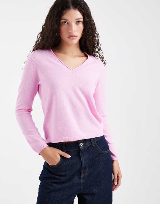 ONLY - Top in maglia rosa con scollo a V