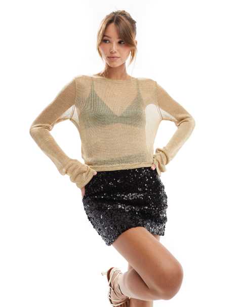 Only - Top in maglia traforata color oro metallizzato - view 1