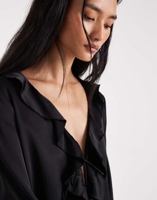 ONLY - Top in raso nero allacciato sul davanti in coordinato, 3 di 4