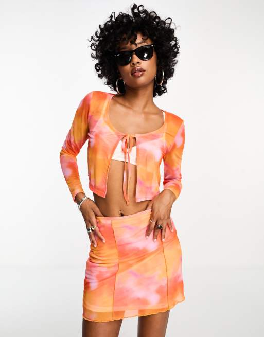 Only - Top in rete arancione tie-dye con laccio sul davanti in coordinato 