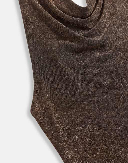 Only top lungo asimmetrico allacciato al collo con glitter rame, 8 di 8