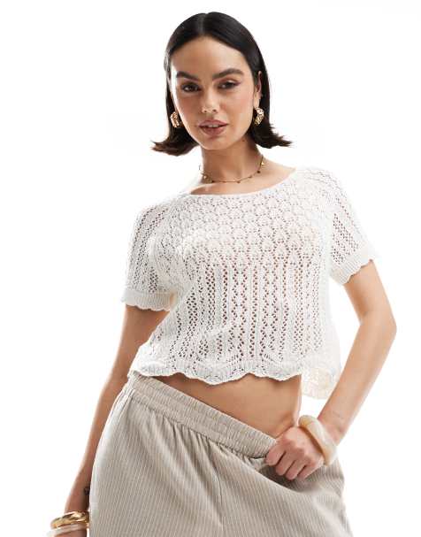 ONLY - Top manches courtes en maille au crochet - Blanc - view 1