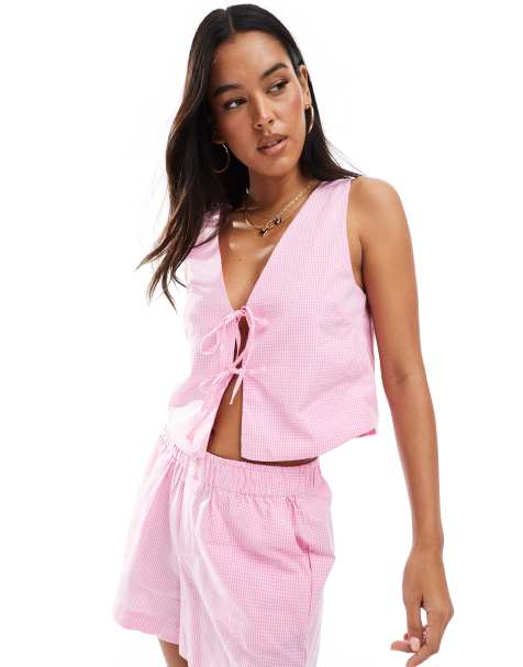 ONLY - Top met gestrikte voorkant in roze gingham ruit, deel van co-ord set - view 1