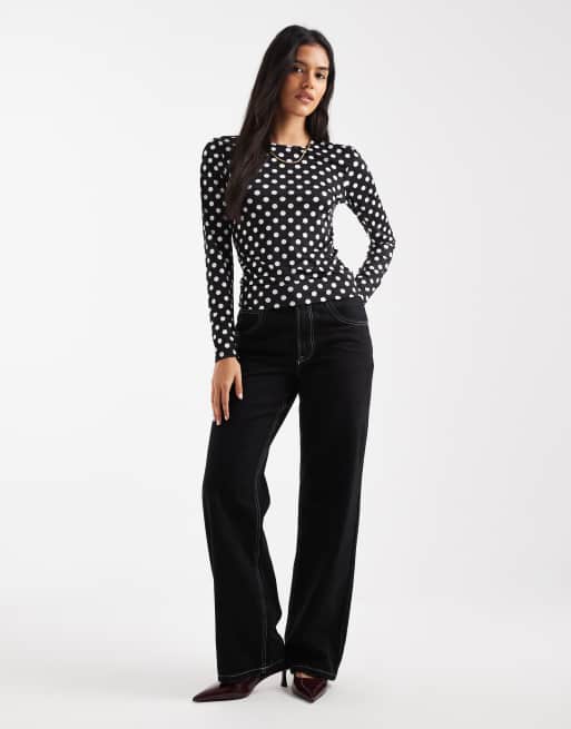 ONLY - Top met lange mouwen in zwart met witte stippen, 2 van 4