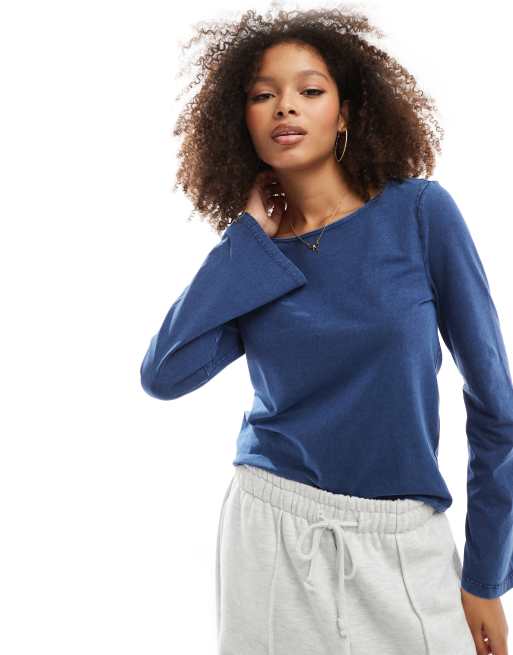 ONLY - Top met wijde mouwen in blauw met wassing  , 2 van 4