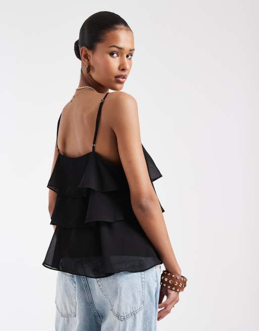 ONLY - Top negro de tirantes con volantes, 4 de 4