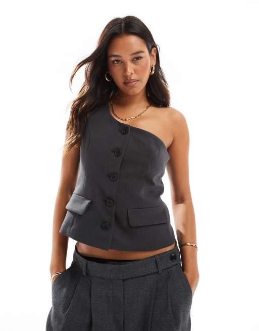 ONLY - Top sartoriale grigio monospalla