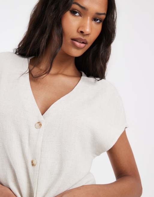 Only - Top senza maniche in misto lino beige allacciato sul davanti in coordinato, 3 di 4
