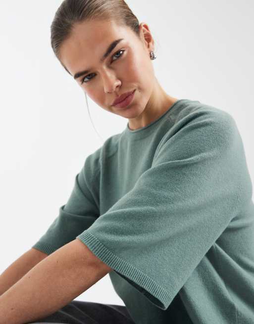 ONLY - Top squadrato a maniche corte in maglia verde chiaro, 3 di 4